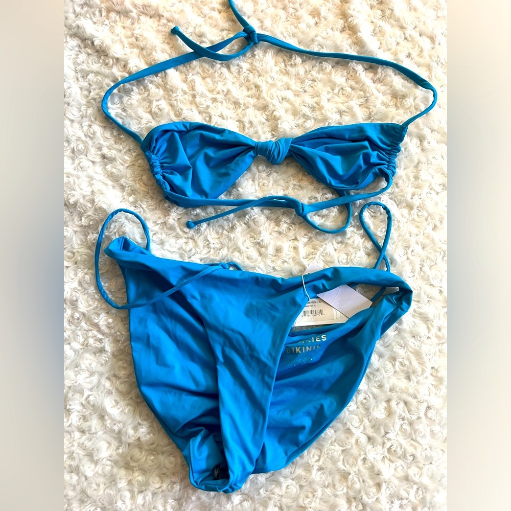 NWT Frankie’s Bikinis teal blue triangle knotted top bikini size xl